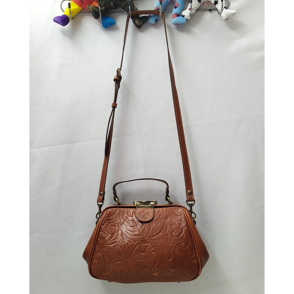 Patricia Nash Brown Leather Floral Pushlock Framed Closure Satchel Crossbody Bag - Picture 3 of 16
